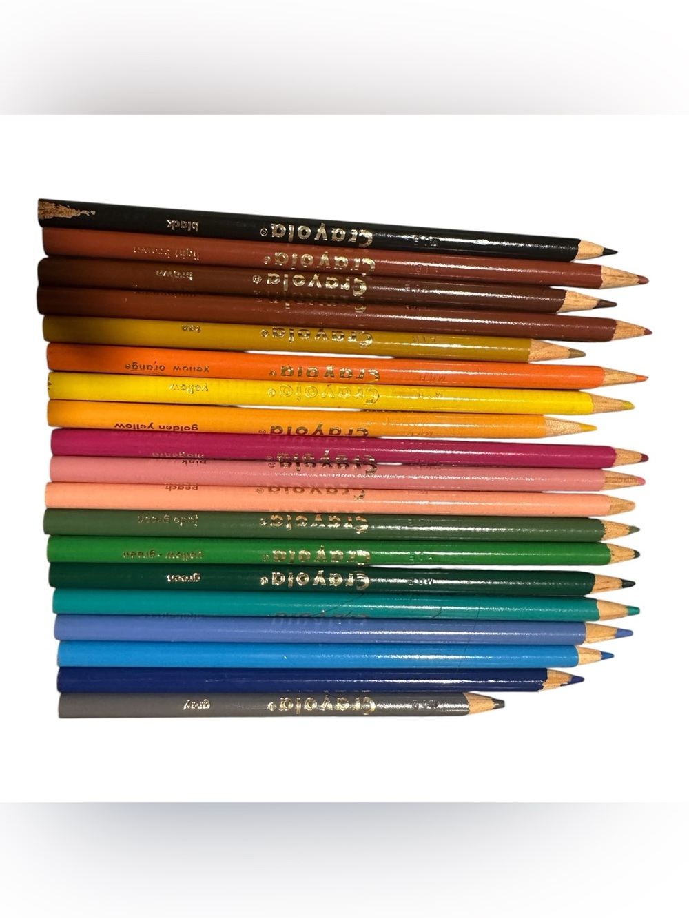 17 vintage Crayola colored pencils featuring retro gold foil “Crayola” brandin